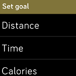Exercise app screen showing the ability to set a distance, time, or calorie goal